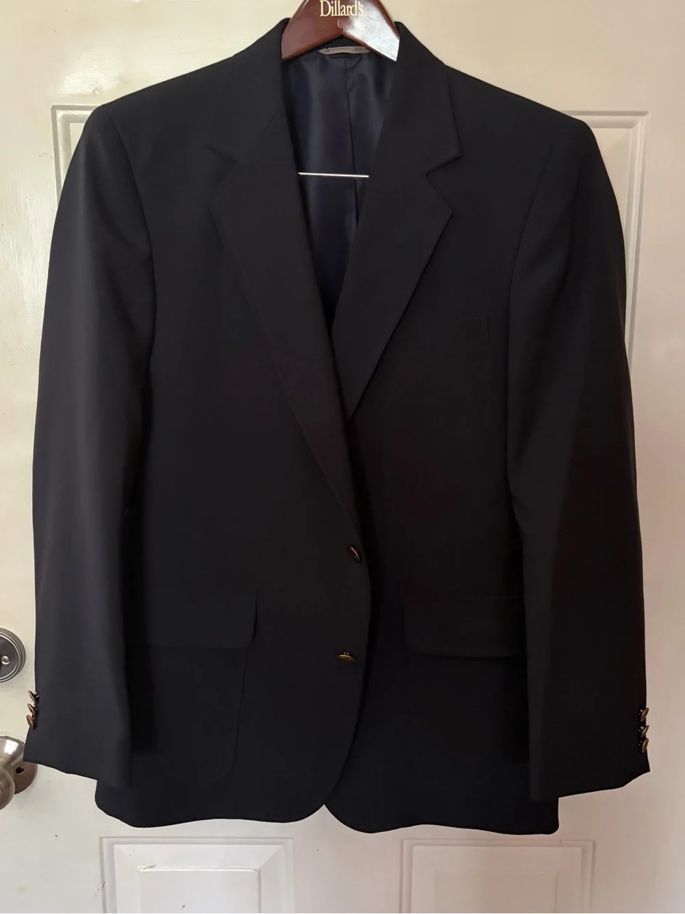 Haggar Navy Two-Button Sport Coat blazer jacket Gold Buttons washable Sz 42R EUC